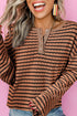 Textured Stripe Ruffle Trim Button Front Henley Top