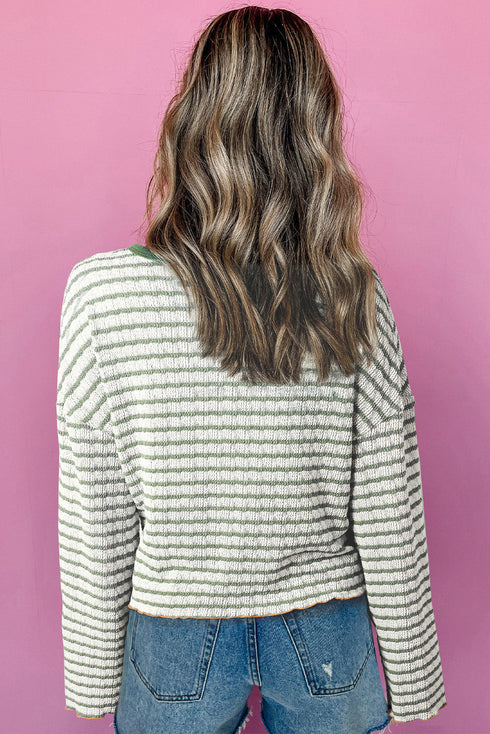 Textured Stripe Ruffle Trim Button Front Henley Top