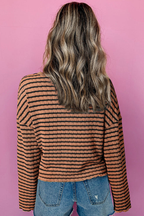 Textured Stripe Ruffle Trim Button Front Henley Top