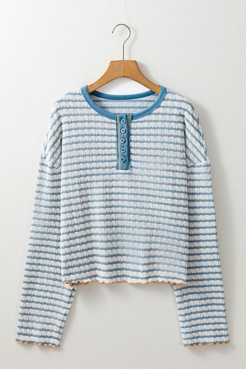 Textured Stripe Ruffle Trim Button Front Henley Top