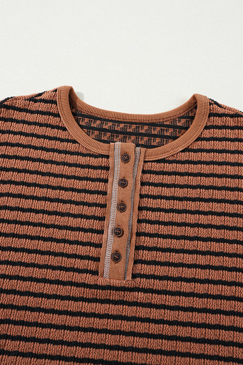 Textured Stripe Ruffle Trim Button Front Henley Top