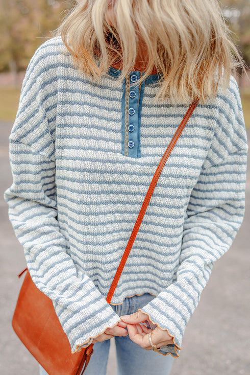 Textured Stripe Ruffle Trim Button Front Henley Top