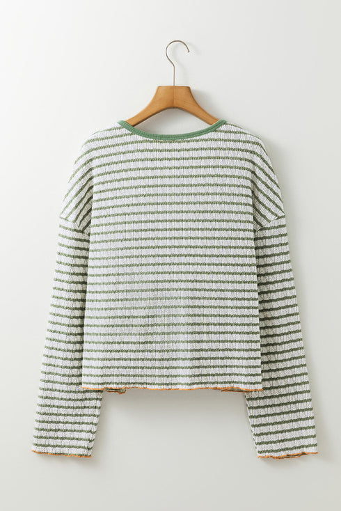 Textured Stripe Ruffle Trim Button Front Henley Top