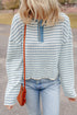 Textured Stripe Ruffle Trim Button Front Henley Top
