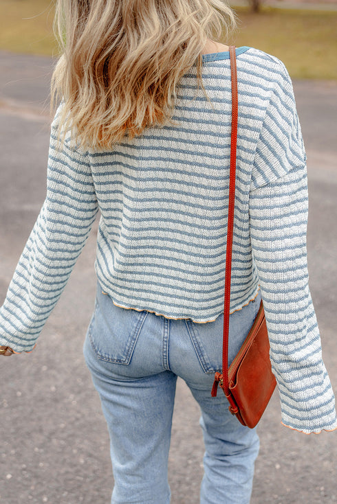 Textured Stripe Ruffle Trim Button Front Henley Top