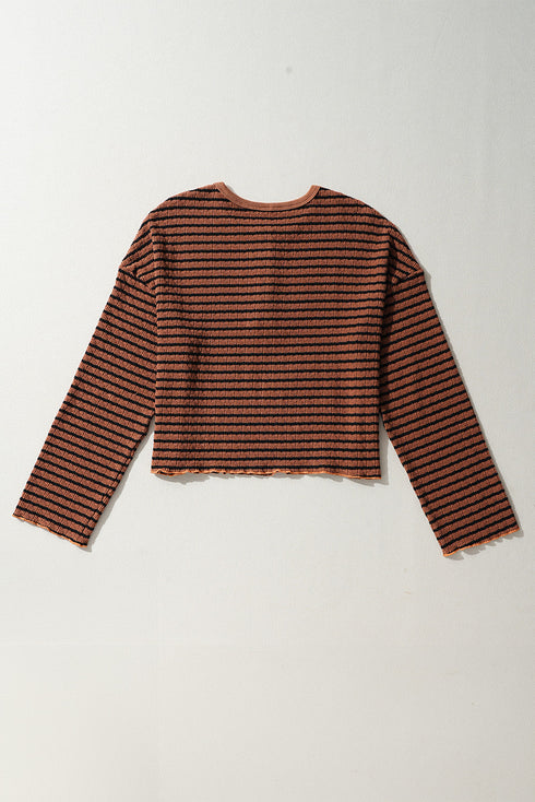 Textured Stripe Ruffle Trim Button Front Henley Top