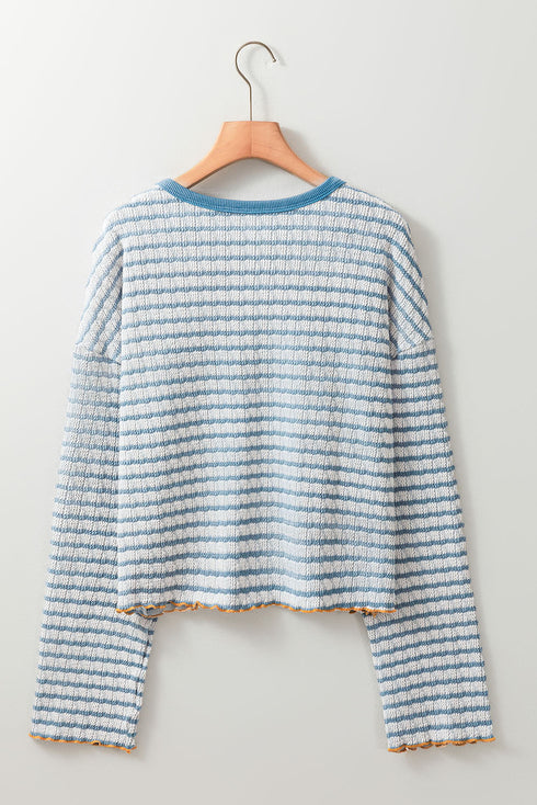 Textured Stripe Ruffle Trim Button Front Henley Top