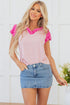 Textured Stripe Ruffled V Neck Puff Sleeve Blouse