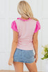 Textured Stripe Ruffled V Neck Puff Sleeve Blouse