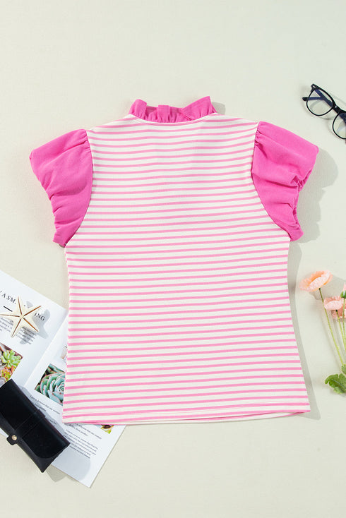 Textured Stripe Ruffled V Neck Puff Sleeve Blouse