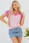 Textured Stripe Ruffled V Neck Puff Sleeve Blouse