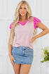 Textured Stripe Ruffled V Neck Puff Sleeve Blouse