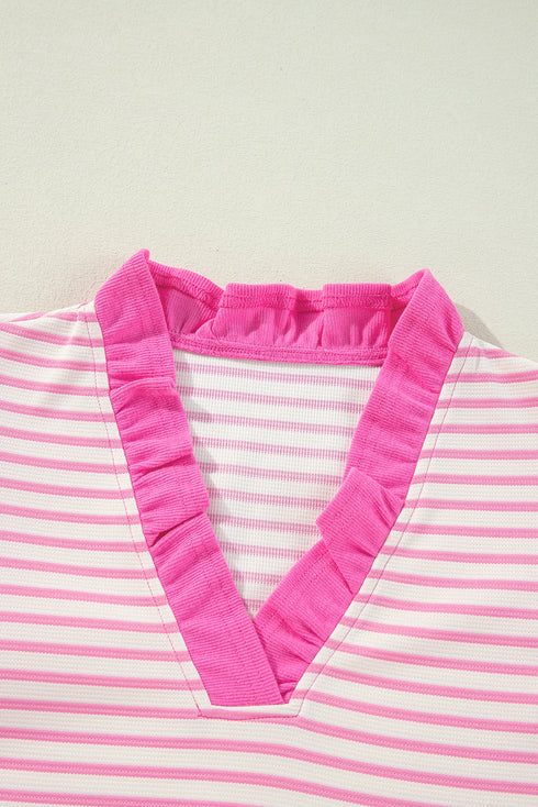 Textured Stripe Ruffled V Neck Puff Sleeve Blouse