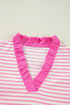 Textured Stripe Ruffled V Neck Puff Sleeve Blouse