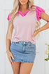 Textured Stripe Ruffled V Neck Puff Sleeve Blouse