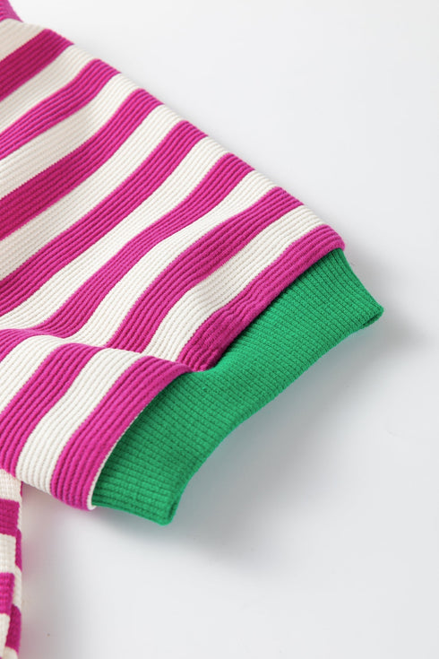 Textured Stripe Short Puff Sleeve Contrast Trim Tee
