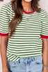 Textured Stripe Short Puff Sleeve Contrast Trim Tee