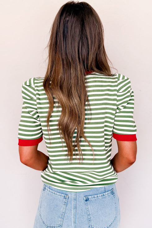 Textured Stripe Short Puff Sleeve Contrast Trim Tee