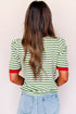 Textured Stripe Short Puff Sleeve Contrast Trim Tee