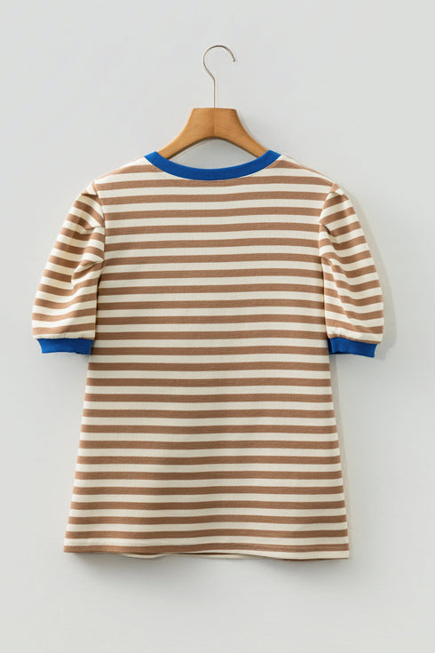 Textured Stripe Short Puff Sleeve Contrast Trim Tee