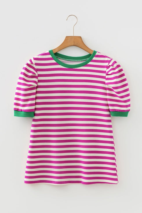 Textured Stripe Short Puff Sleeve Contrast Trim Tee