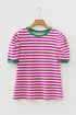 Textured Stripe Short Puff Sleeve Contrast Trim Tee