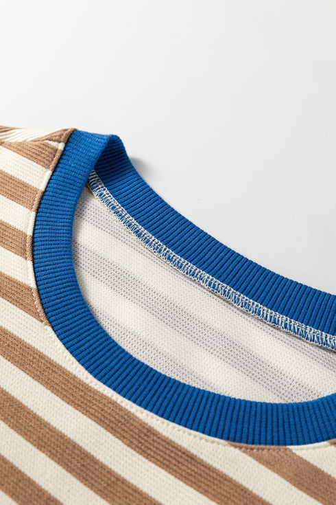 Textured Stripe Short Puff Sleeve Contrast Trim Tee