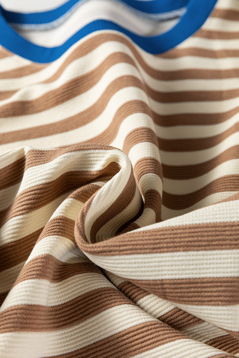 Textured Stripe Short Puff Sleeve Contrast Trim Tee