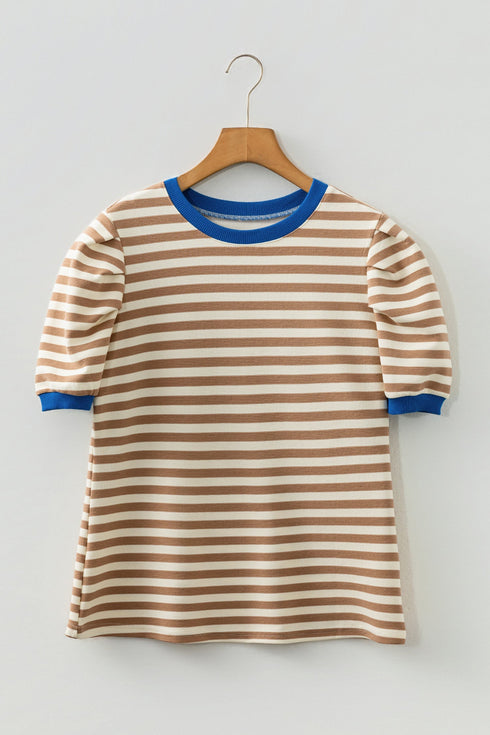 Textured Stripe Short Puff Sleeve Contrast Trim Tee