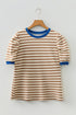 Textured Stripe Short Puff Sleeve Contrast Trim Tee