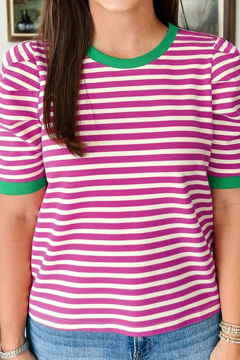 Textured Stripe Short Puff Sleeve Contrast Trim Tee