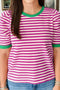 Textured Stripe Short Puff Sleeve Contrast Trim Tee