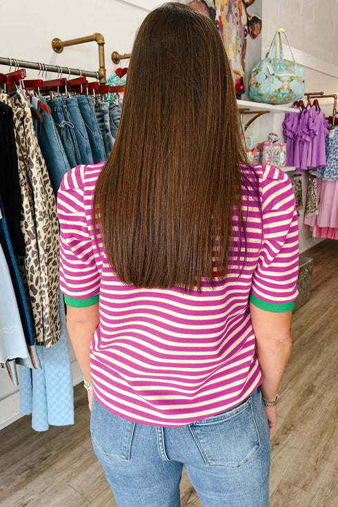 Textured Stripe Short Puff Sleeve Contrast Trim Tee