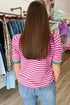 Textured Stripe Short Puff Sleeve Contrast Trim Tee
