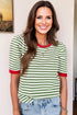 Textured Stripe Short Puff Sleeve Contrast Trim Tee