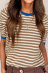 Textured Stripe Short Puff Sleeve Contrast Trim Tee