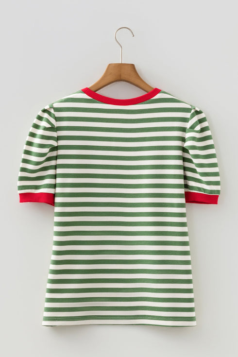 Textured Stripe Short Puff Sleeve Contrast Trim Tee