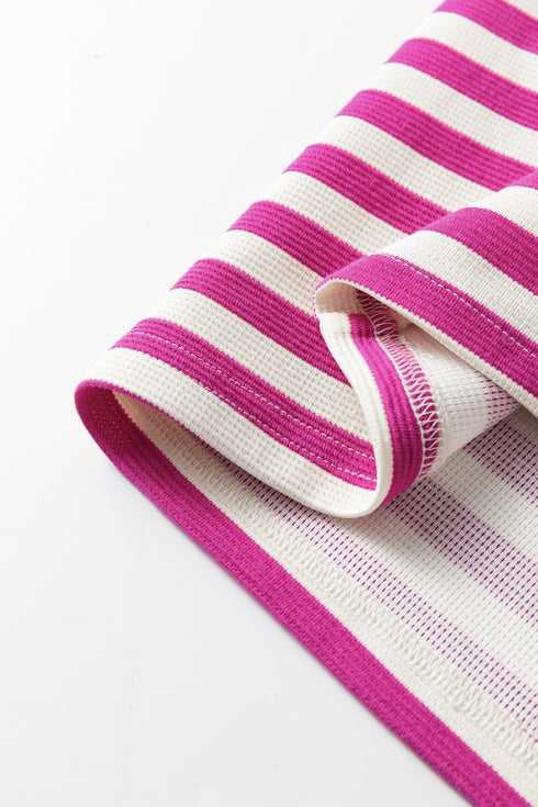 Textured Stripe Short Puff Sleeve Contrast Trim Tee