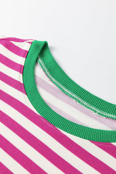 Textured Stripe Short Puff Sleeve Contrast Trim Tee