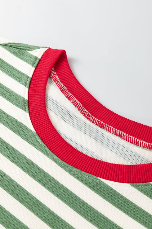 Textured Stripe Short Puff Sleeve Contrast Trim Tee