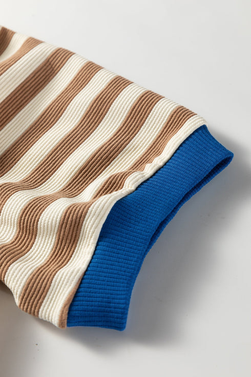 Textured Stripe Short Puff Sleeve Contrast Trim Tee