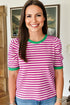 Textured Stripe Short Puff Sleeve Contrast Trim Tee