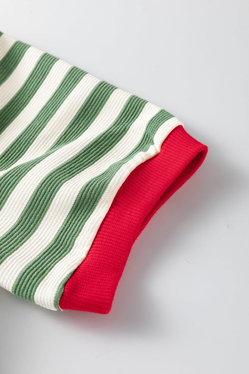 Textured Stripe Short Puff Sleeve Contrast Trim Tee