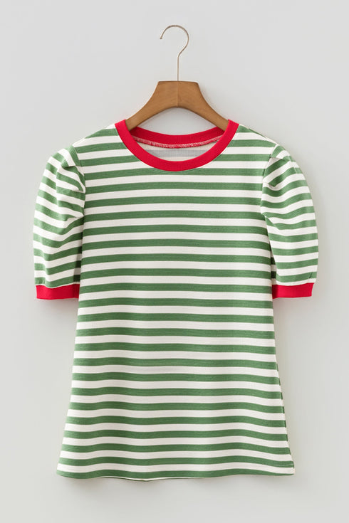 Textured Stripe Short Puff Sleeve Contrast Trim Tee