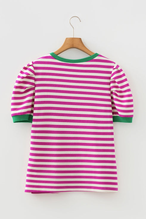 Textured Stripe Short Puff Sleeve Contrast Trim Tee