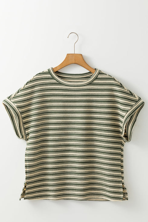 Textured Stripe Side Slit Crew Neck Casual Shirt