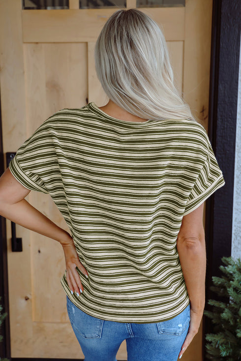 Textured Stripe Side Slit Crew Neck Casual Shirt
