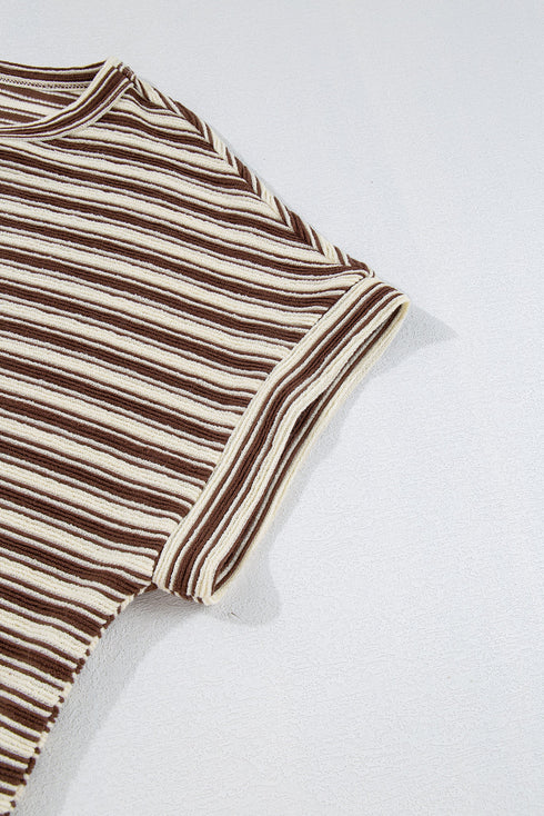 Textured Stripe Side Slit Crew Neck Casual Shirt