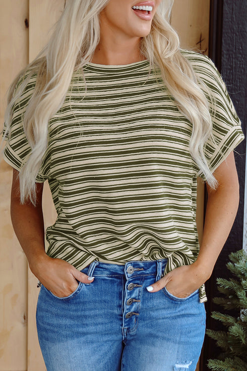 Textured Stripe Side Slit Crew Neck Casual Shirt