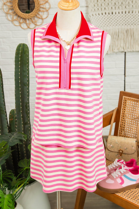 Textured Stripe Sleeveless Zip Collar Accent Trim Two Piece Dress